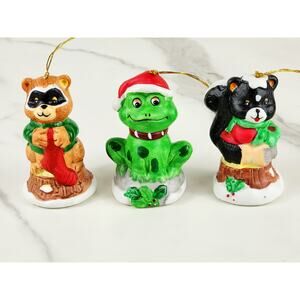 Christmas Bell Tree Ornament Frog Racoon Skunk 3 1/4" Figurine 1987 Taiwan x3
